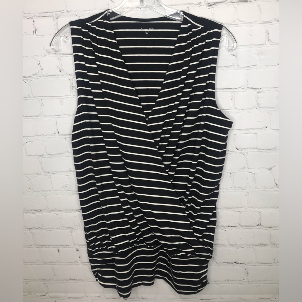 Garnet Hill Black & White Stripe Sleeveless Mock Wrap Top Size Large